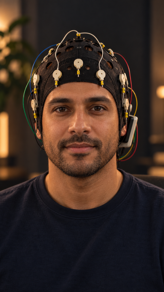 Homem fazendo procedimento de neurofeedback.